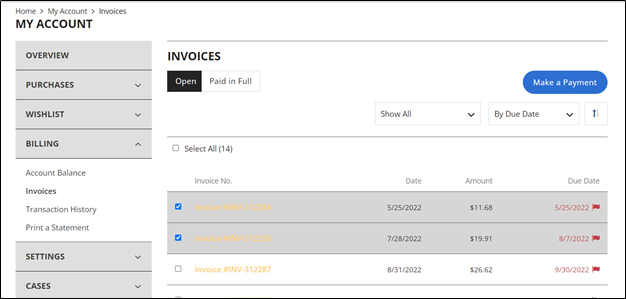 invoice list and make a payment button screenshot image